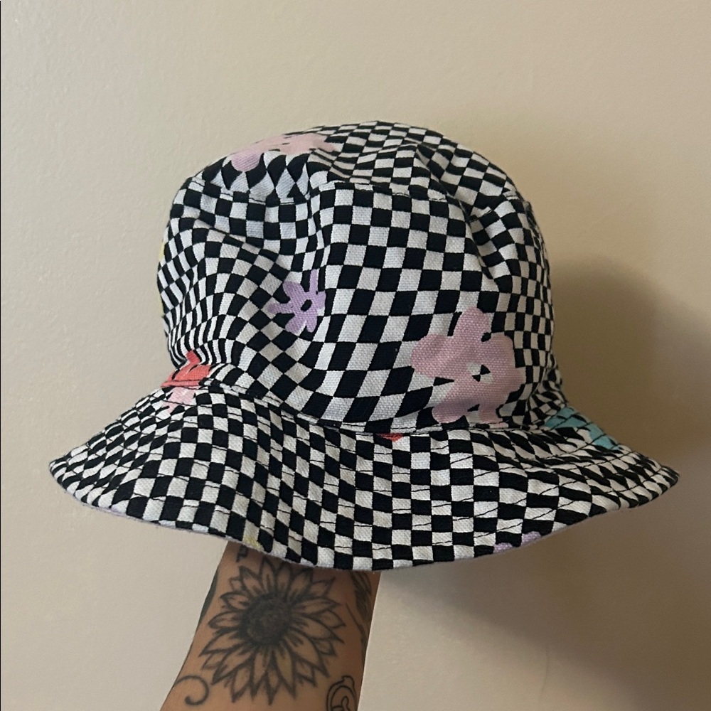 Checkered Bucket Hat with Floral Accents
